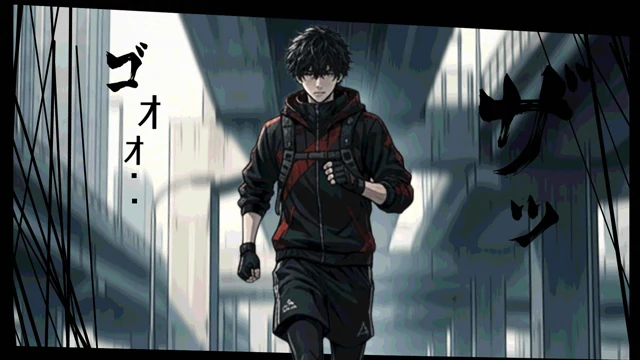 漫画の描き文字とコマ構成の中を走るRAVEN ARCのキャラクター